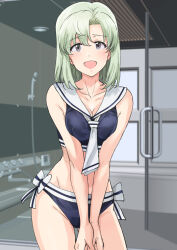  3d_background bikini blue_bikini bow breasts breasts_squeezed_together cleavage cowboy_shot female green_hair grey_eyes highres idolmaster idolmaster_(classic) idolmaster_stella_stage looking_at_viewer medium_breasts mole mole_under_eye neckerchief open_mouth sailor_bikini sailor_collar sailor_swimsuit_(idolmaster) shiika_(idolmaster) short_hair solo swimsuit tsurui v_arms waist_bow white_neckerchief white_sailor_collar 