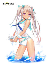  &gt;:( alternate_hair_color aqua_bow aqua_sailor_collar bare_shoulders bikini bikini_bottom_only blue_neckerchief bow breasts brown_hair closed_mouth closers copyright_name cowboy_shot female groin hairbow highres logo long_hair looking_at_viewer luna_aegis_(closers) neckerchief official_art one-piece_tan pink_eyes sailor_collar shirt sleeveless sleeveless_shirt small_breasts solo swimsuit tan tanlines twintails v-shaped_eyebrows variant_set wading water wet wet_clothes wet_shirt white_background white_bikini white_shirt white_wrist_cuffs wringing_clothes wrist_cuffs 