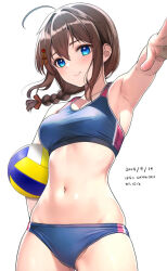  ahoge armpits beach_volleyball bikini blue_bikini blue_eyes braid breasts brown_hair commentary_request dated female hair_flaps hair_ornament hairpin hanako_(peanut) highres kantai_collection long_hair looking_at_viewer medium_breasts navel outstretched_arm red_bikini shigure_(kancolle) shigure_kai_ni_(kancolle) single_braid smile solo sports_bikini swimsuit two-tone_bikini 