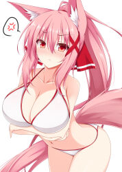  :t animal_ear_fluff animal_ears arms_under_breasts bikini blush breasts cleavage closed_mouth collarbone commentary commentary_request cowboy_shot dot_nose female fox_ears fox_girl fox_tail hair_between_eyes hair_ornament high_ponytail highres kazamatsuri_kazari large_breasts long_hair looking_at_viewer mizuki_(kogetsu-tei) navel original pink_hair pink_tail ponytail red_eyes red_trim ribbon sidelocks simple_background solo speech_bubble swimsuit tail white_background white_bikini x_hair_ornament 