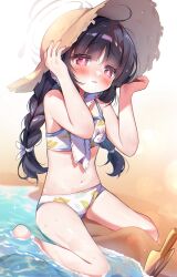  barefoot beach bikini black_hair blue_archive blush braid brown_hat commentary_request day dot_nose eyelashes female flat_chest gau_(n00_shi) grey_halo halo hands_up hat highres leaf_print legs long_hair looking_at_viewer miyu_(blue_archive) miyu_(swimsuit)_(blue_archive) navel ocean official_alternate_costume outdoors parted_lips print_bikini red_eyes shovel sidelocks sitting solo sparkle stomach straw_hat swimsuit tearing_up thighs twin_braids wariza water white_bikini 