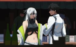  1boy armpits bare_shoulders black_hair black_skirt blue_eyes bottle box breasts crop_top cropped_shirt fate/grand_order fate_(series) female fujimaru_ritsuka_(female) fujimaru_ritsuka_(male) fujimaru_ritsuka_(male)_(decisive_battle_chaldea_uniform) green_eyes green_jacket hair_between_eyes hand_on_another&#039;s_arm highres jacket medium_breasts midriff multicolored_clothes multicolored_hair multicolored_jacket nagao_kagetora_(fate) navel off_shoulder open_clothes open_jacket paperpillar shirt shorts skirt sleeveless sleeveless_shirt smile stomach uesugi_kenshin_(fate) white_hair white_jacket white_shorts 