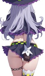  ai-generated ass capelet clothes_pull female fujiwarahima grey_shirt grey_thighhighs hat highres hololive long_hair murasaki_shion murasaki_shion_(1st_costume) pulling_own_clothes purple_capelet purple_hat purple_skirt shirt skirt skirt_pull solo striped_clothes striped_shirt thigh_strap thighhighs vertical-striped_clothes vertical-striped_shirt virtual_youtuber witch_hat 