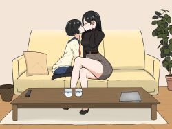  belt black_footwear black_hair carpet closed_eyes coffee_mug commentary computer controller couch couple cup highres incest kissing laptop long_hair mug on_couch original pillow plant potted_plant remote_control school_uniform shoes short_hair siblings sisters trash_can ya_me_ta_shigata yuri 