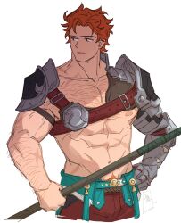  1boy abs absurdres arm_hair armor belt chest_belt chest_hair commentary cropped_legs dated english_commentary fire_emblem fire_emblem:_three_houses gauntlets green_belt groin hairy hand_on_own_hip highres holding holding_polearm holding_weapon looking_to_the_side male_focus male_pubic_hair multiple_scars nipples open_mouth orange_hair pants pauldrons pectorals polearm pubic_hair red_belt red_pants satodee scar scar_on_arm scar_on_chest scar_on_hip scar_on_shoulder short_hair shoulder_armor signature single_gauntlet solo sylvain_jose_gautier twitter_username weapon 