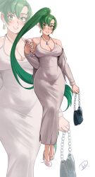  absurdres alternate_costume bag breasts cellphone character_charm charm_(object) cleavage deliciousbrain dongtan_dress dress earrings female fire_emblem fire_emblem:_the_blazing_blade green_eyes green_hair grey_dress handbag highres jewelry large_breasts long_hair looking_at_viewer lyn_(fire_emblem) meme_attire phone smartphone smile solo very_long_hair watermark white_footwear 