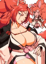  3amsoda amputee animal_ears baiken big_hair breasts cleavage facial_tattoo female guilty_gear highres japanese_clothes katana kimono large_breasts long_hair looking_to_the_side one-eyed open_clothes open_kimono parted_lips pink_hair ponytail rabbit_ears red_eyes scar scar_across_eye scar_on_face solo sword tattoo weapon 