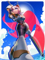  android belt bird black_bodysuit blue_sky bodysuit breasts cloud female flag gloves headgear headset holding holding_flag horizon joints large_breasts mega_man_(series) mega_man_x:_command_mission mega_man_x_(series) nana_(mega_man_x:_command_mission) napo pink_hair purple_eyes robot robot_ears robot_joints seagull short_hair sky solo sun water 