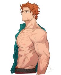  1boy abs absurdres arm_hair biceps chest_hair closed_mouth collarbone collared_shirt commentary dated english_commentary fire_emblem fire_emblem:_three_houses green_shirt groin highres looking_ahead male_focus male_pubic_hair multiple_scars navel nipples orange_hair pants pectorals profile pubic_hair red_pants satodee scar scar_on_arm scar_on_cheek scar_on_chest scar_on_face scar_on_neck scar_on_shoulder shirt shirt_partially_removed signature simple_background single_bare_shoulder solo sylvain_jose_gautier twitter_username veins veiny_arms wavy_hair white_background 