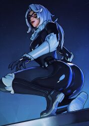  absurdres ass black_cat_(marvel) blue_eyes felicia_hardy female fortnite from_behind fur_collar highres jumpsuit long_hair marvel nicolasfrinzy night night_sky shiny_clothes sky spider-man_(series) white_hair 