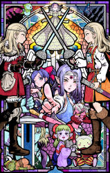  anlucea aqua_eyes aqua_skin blonde_hair blue_eyes blue_hair blunt_bangs boots bow breasts bug butterfly character_request circlet cleavage colored_skin commentary_request dragon_quest dragon_quest_x dress dual_persona dwarf_(dq10) earrings elf_(dq10) estella_(dq10) facial_hair feline floating_clothes floating_hair fuura_(dq10) green_hair green_skin hair_slicked_back hairbow headband highres holding holding_sheath holding_sword holding_weapon horns hyuuza_(dq10) icooz illusia_(dq10) japanese_clothes jewelry kicking kyururu_(dq10) lolicon long_hair looking_at_another looking_at_viewer maiyu_(dq10) medium_hair mereade mole necklace ogre_(dq10) orange_eyes parted_hair paw_pose pink_skin pointing pointing_at_viewer pointy_ears puffy_short_sleeves puffy_sleeves purple_eyes purple_hair purple_skin rapier red_bow red_skin sheath short_sleeves shoulder_spikes slime_(dragon_quest) spikes stained_glass stubble sword thigh_boots tooth_necklace weapon weddie_(dq10) white_hair 