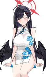  alternate_costume black_wings blue_archive blush breasts china_dress chinese_clothes closed_eyes closed_mouth dress feathered_wings female floral_print_dress hair_ornament hairclip halo highres ichika_(blue_archive) kurogami_fuyuki long_hair low_wings red_halo short_dress solo thick_thighs thighs wings 