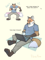  3:4 anthro bite bottomwear canid canine cast clothing computer dialogue electronics english_text fluffy fluffy_tail fox front_view hi_res kyell_gold laptop male mammal out_of_position pants patadeperro paws red_fox simple_background sitting solo speech_bubble stressed tail text true_fox waving_tail whiskers wiley_farrel 