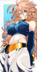  android_21 armband baggy_pants blue_eyes blue_nails breasts brown_hair dragon_ball dragon_ball_fighterz earrings female gold_choker hand_on_own_hip highres jewelry kinakomochi_(user_vedc2333) long_hair looking_at_viewer midriff pants spiked_hair 