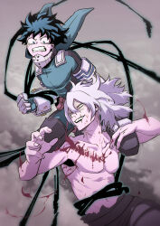  2boys absurdres angry anime_coloring aranciojelyfish artist_logo bare_arms bare_shoulders battle black_pants black_whip_(boku_no_hero_academia) bleeding blood blood_on_cheek blood_on_chest blood_on_face blood_on_gloves blood_trail blue_bodysuit blue_eyes blue_gloves blue_hair blurry blurry_background bodysuit boku_no_hero_academia chromatic_aberration clenched_hand clenched_teeth collarbone duel fingernails floating_hair freckles furrowed_brow gloves grey_gloves grey_hair hand_on_another&#039;s_knee hands_up highres hole_in_hand long_bangs looking_down looking_to_the_side looking_up male_focus medium_hair messy_hair midair midoriya_izuku mole mole_under_mouth multiple_boys multiple_scars navel no_nipples open_mouth outdoors pants pectorals pouch prosthetic_fingers red_eyes sanpaku scar scar_across_eye scar_on_face scar_on_mouth scratches shigaraki_tomura short_hair sidelocks smile smoke spoilers stigmata tearing_up tears teeth tendril topless_male turning_head upper_body upper_teeth_only upturned_eyes v-shaped_eyebrows wrinkled_skin 