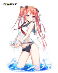  &gt;:( bare_shoulders bikini bikini_bottom_only black_bikini black_bow black_sailor_collar bow breasts closed_mouth closers copyright_name cowboy_shot female groin hairbow highres logo long_hair looking_at_viewer luna_aegis_(closers) neckerchief official_art orange_hair pink_eyes red_neckerchief sailor_collar shirt sleeveless sleeveless_shirt small_breasts solo swimsuit twintails v-shaped_eyebrows variant_set wading water wet wet_clothes wet_shirt white_background white_shirt white_wrist_cuffs wringing_clothes wrist_cuffs 