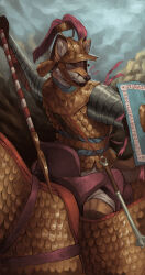  anthro armor biped breastplate canid canine cavalry clothed clothing digital_media_(artwork) fighting_pose fox fox_ears fur headgear helmet hi_res holding_melee_weapon holding_object holding_weapon mace male mammal melee_weapon pelzibat polearm pose scale_armor shield solo spear tail true_fox weapon 