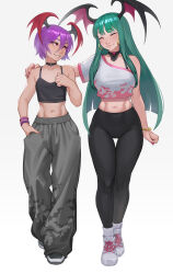  2girls ^_^ alternate_costume black_pants bracelet breasts casual cheshirrr closed_eyes crop_top darkstalkers demon_girl earrings fingernails full_body green_hair grey_background hair_between_eyes hand_in_pocket hands_on_another&#039;s_shoulders head_wings highres hoop_earrings jewelry lilith_(darkstalkers) long_hair medium_breasts midriff morrigan_aensland multiple_girls nail_polish navel pants purple_hair red_eyes red_nails short_hair small_breasts walking wings 