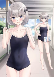  :d bare_arms bare_legs bare_shoulders barefoot black_bow black_one-piece_swimsuit blurry blurry_background blush bow breasts closed_mouth commentary_request covered_navel day depth_of_field female grey_eyes grey_hair hairbow highres holding holding_towel multiple_views oerba_yun_fang one-piece_swimsuit original outdoors short_hair small_breasts smile standing strap_pull swimsuit towel yukimaru217 