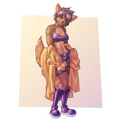  1:1 abs anthro bedding bennyvania blanket boots bottomwear bra breasts canid canine canis clothed clothing female footwear fur gradient_background hair hotpants kincaid mammal orange_body orange_fur purple_clothing purple_hair shoes short_hair shorts simple_background smile smirk solo sports_bra tail the_adventures_of_kincaid thigh_belt underwear wolf 