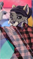  2024 absurd_res anthro beanie blue_eyes canid clothed clothing fur grey_body grey_fur hat headgear headwear hi_res male mammal pattern_clothing plaid plaid_clothing rdy shirt topwear zgf_art 