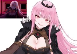  bluefield breasts cleavage commentary female highres hololive hololive_english large_breasts long_hair looking_at_viewer mori_calliope mori_calliope_(1st_costume) open_mouth pink_hair red_eyes simple_background smile solo tiara upper_body virtual_youtuber white_background 