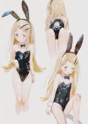  absurdres animal_ear_hairband animal_ears ass bare_legs bare_shoulders black_bow black_bowtie black_leotard blush bow bowtie commentary_request cropped_legs detached_collar fake_animal_ears fake_tail female flat_chest flipped_hair gakuen_idolmaster groin hairband highleg highleg_leotard highres idolmaster leotard light_brown_hair long_hair looking_at_viewer multiple_views playboy_bunny rabbit_ear_hairband rabbit_ears rabbit_tail shinosawa_hiro simple_background sitting strapless strapless_leotard tail very_long_hair white_background wrist_cuffs x158239 