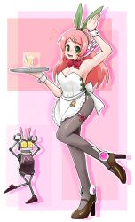  alternate_costume animal_ears apron black_pantyhose blush bow bowtie breasts cleavage green_leotard high_heels holding holding_plate leotard long_hair momone_momo nervous_smile pantyhose pink_hair plate playboy_bunny rabbit_ears robot robot_ears saruyama_ushirou smile utau 