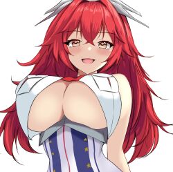  blush breasts brown_eyes cleavage_cutout clothing_cutout dress female headgear highres kantai_collection large_breasts long_hair looking_at_viewer montemasa no_shirt open_mouth phoenix_(kancolle) pleated_skirt red_eyes red_hair shirt simple_background skirt sleeveless smile solo upper_body 