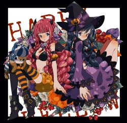  2girls baby_5 bikini black_bikini black_border blue_hair blunt_bangs boots border braided_sidelock cigarette commentary_request dress drill_hair flower full_body hair_flower hair_ornament happy_halloween hat highres horns kumacy long_hair long_sleeves looking_back mask mouth_mask multiple_girls noise_pp one_piece perona pink_hair puffy_shorts purple_dress shorts stuffed_toy swimsuit thighhighs very_long_hair white_background witch_hat 