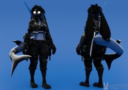  ammo_belt anthro athletic athletic_anthro black_body black_clothing black_fur black_hair blender_(copyright) blender_cycles blue_background blue_body blue_fur clothing domi_(domibun) female fish front_and_back fur glowing glowing_eyes gun hair handgun hybrid katana lagomorph lagomorph_dude leporid mammal marine mask melee_weapon rabbit ranged_weapon revolver scar shark shark_tail simple_background solo sword warfare_machine watermark weapon 