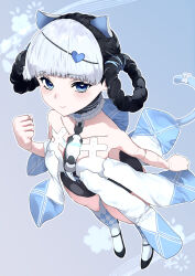  absurdres animal_ears bambinata_(punishing:_gray_raven) black_hair black_leotard blue_dress blue_eyes blue_tail bow braid braided_hair_rings cat_ears cat_tail choker dress fake_animal_ears female frilled_choker frills from_above grey_hair hair_ornament hair_rings halo heart heart-shaped_pupils heart_hair_ornament highres leotard mechabare mechanical_halo multicolored_hair punishing:_gray_raven short_dress solo symbol-shaped_pupils tail tail_bow tail_ornament takashi_san two-tone_dress two-tone_hair white_choker white_dress 