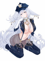  absurdres alternate_costume animal_ears azur_lane black_panties blue_eyes blue_footwear blue_hat blue_jacket boots breasts cropped_jacket elbow_gloves female fox_ears fox_girl gloves hat highres jacket large_breasts lieend linea_alba looking_at_viewer navel panties shinano_(azur_lane) shirt solo thigh_boots underwear white_background white_gloves white_hair 