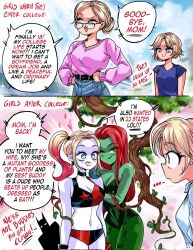  1boy 3girls batman batman_(series) blonde_hair breasts colored_skin colored_tips dc_comics green_skin grs- harley_quinn highres leotard mother_and_daughter multicolored_hair multiple_girls poison_ivy red_hair speech_bubble twintails white_skin yuri 