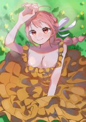  blush braid braided_ponytail breasts cleavage closed_mouth commentary_request dress female frilled_dress frills highres looking_up n_fuyuakatsuki on_grass one_piece orange_dress pink_hair rebecca_(one_piece) sidelocks sitting sleeveless sleeveless_dress smile solo 