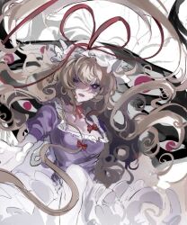  blonde_hair bow breasts choker cleavage curly_hair dress elbow_gloves floating_hair frilled_dress frills gap_(touhou) gloves hairbow hat hat_ribbon highres long_hair looking_at_viewer mob_cap open_mouth pantyhose puffy_short_sleeves puffy_sleeves purple_dress purple_eyes red_bow red_ribbon ribbon ribbon_choker sesmkun short_sleeves square_neckline touhou very_long_hair white_gloves white_hat white_pantyhose yakumo_yukari 