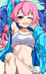  ahoge arm_up armpits bare_shoulders blue_archive blue_jacket collarbone commentary_request female highres hoshino_(blue_archive) jacket long_hair long_sleeves looking_at_viewer navel one_eye_closed open_clothes open_jacket open_mouth pink_hair solo stomach very_long_hair yasume_yukito yellow_eyes 