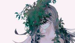  1boy absurdres chinese_commentary closed_mouth collarbone commentary_request fei28450 greyscale hatsutori_hajime highres leaf light_smile long_hair male_focus monochrome nude plant portrait saibou_shinkyoku simple_background solo spot_color white_background 