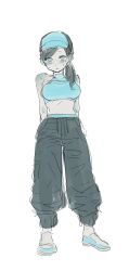  absurdres alternate_costume arms_behind_back baggy_pants black_hair black_pants blue_blush blue_tank_top blush breasts casual colored_skin crop_top dancho_no_mori embarrassed female grey_eyes highres large_breasts light_frown looking_at_viewer low_ponytail navel nintendo pants shoulder_blush solo sweat tank_top visor_cap white_skin wii_fit wii_fit_trainer 