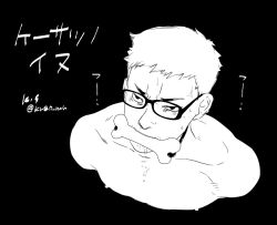  1boy anger_vein black_background black_hair bone gag gagged glasses improvised_gag killing_stalking male_focus nipples pectorals portrait saliva sanpaku short_hair topless_male twitter_username upper_body very_short_hair yang_seungbae 