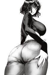  absurdres artist_name ass breasts commentary denim female fingernails from_behind fubuki_(one-punch_man) greyscale hand_on_own_ass highres jeans lips long_sleeves looking_at_viewer looking_back medium_breasts midriff monochrome mostlybluewyatt one-punch_man pants parted_lips short_hair signature simple_background sleeves_past_wrists smile white_background 