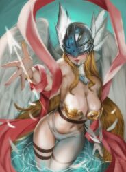  angel angewomon blush breasts bunsogen curvy digimon digimon_(creature) female head_wings highres legs lips long_hair mask navel shiny_skin very_long_hair wide_hips wings 