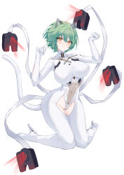  absurdres admiral_nakhimov_(azur_lane) animal_ears azur_lane bodysuit cat_ears cat_girl cat_tail covered_navel covered_nipples female green_hair high_heels highres impossible_bodysuit impossible_clothes lieend looking_at_viewer mechanical_ears mechanical_tail paw_pose see-through short_hair simple_background smile solo tail white_background white_bodysuit yellow_eyes 