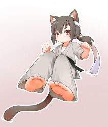  absurdres animal_ear_fluff animal_ears barefoot belt black_belt bright_pupils cat_ears cat_girl cat_tail chinese_commentary clenched_hand closed_mouth commentary_request dougi feet female full_body grey_hair headband highres kuma-bound low_twintails martial_arts_belt medium_hair original pants red_eyes short_twintails soles solo tail toes twintails white_headband white_pants white_pupils 