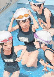  4girls :d ^_^ black_hair black_one-piece_swimsuit blush breasts closed_eyes commentary_request gaki_kyonyuu goggles goggles_on_head highres kaedeko_(kaedelic) large_breasts multiple_girls one-piece_swimsuit open_mouth oppai_loli partially_submerged pool sasaki_kanna_(kaedeko) school_swimsuit smile swimsuit teeth thighs water 