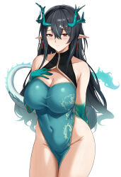  aqua_dress aqua_hair arknights bare_shoulders black_hair blush breasts china_dress chinese_clothes cleavage collarbone commentary cowboy_shot dress dusk_(arknights) fangs_(fangs_art) female gradient_hair groin hair_between_eyes hand_on_own_chest highres large_breasts long_hair looking_at_viewer multicolored_hair pointy_ears simple_background sleeveless sleeveless_dress solo standing streaked_hair tail thighs very_long_hair white_background 