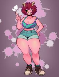  2024 2_horns 5_fingers ashido_mina black_sclera bottomwear breasts cleavage clothed clothed_female clothed_humanoid clothing crop_top cutoffs denim denim_bottomwear denim_clothing digital_drawing_(artwork) digital_media_(artwork) female female_humanoid fingers footwear front_view full-length_portrait hair hand_on_hip horn horned_humanoid humanoid looking_at_viewer my_hero_academia noseless not_furry one_eye_closed pink_body pink_face pink_skin portrait quirked_human_(my_hero_academia) red_hair shirt shoes shorts smile smiling_at_viewer snoozysoozyy solo thick_thighs topwear wide_hipped_female wide_hipped_humanoid wide_hips wink 