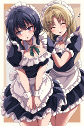  2girls absurdres alternate_costume alternate_hair_color apron black_hair blonde_hair blush braid breasts cleavage closed_eyes commentary_request dress happy_ginko highres izayoi_sakuya long_hair louise_(touhou) maid maid_headdress multiple_girls musical_note open_mouth smile sweatdrop touhou touhou_(pc-98) twin_braids waist_apron wrist_cuffs 