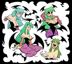  4girls absurdres animal_print arm_behind_head arm_up bare_shoulders bat_(animal) bat_print bat_wings black_eyeshadow black_wings blunt_bangs blunt_sidelocks blush breasts bridal_gauntlets cleavage clothing_cutout cutout_above_navel darkstalkers demon_girl elbow_gloves eyeshadow fangs fewer_digits gloves green_eyes green_hair grin half-closed_eyes hand_to_own_mouth hand_up head_wings heart_cutout highres large_breasts long_eyelashes long_hair looking_at_viewer looking_to_the_side makeup morrigan_aensland multiple_girls multiple_persona multiple_views oerba_yun_fang pantyhose pointy_ears print_pantyhose purple_pantyhose reaching reaching_towards_viewer salomoncallee seductive_smile smile solo thick_thighs thighs white_background wings 