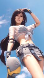  3d arm_strap baseball_cap bikini bikini_under_clothes black_bikini black_gloves black_hair blue_sky breasts closed_mouth cloud cloudy_sky cowboy_shot day earrings elbow_pads english_commentary female final_fantasy final_fantasy_vii final_fantasy_vii_ever_crisis final_fantasy_vii_remake fingerless_gloves frayed_skirt from_below gloves grey_skirt hand_up hat highleg highleg_bikini highres holding holding_hat holding_unworn_clothes jewelry large_breasts lifeguard lips long_hair looking_at_viewer low-tied_long_hair midriff miniskirt navel official_alternate_costume outdoors patreon_username pink_lips red_eyes see-through see-through_shirt shirt short_sleeves single_earring single_elbow_pad skirt sky solo sreliata swept_bangs swimsuit tied_shirt tifa_lockhart tifa_lockhart_(lifeguard) unworn_hat unworn_headwear wet wet_clothes wet_shirt white_shirt 